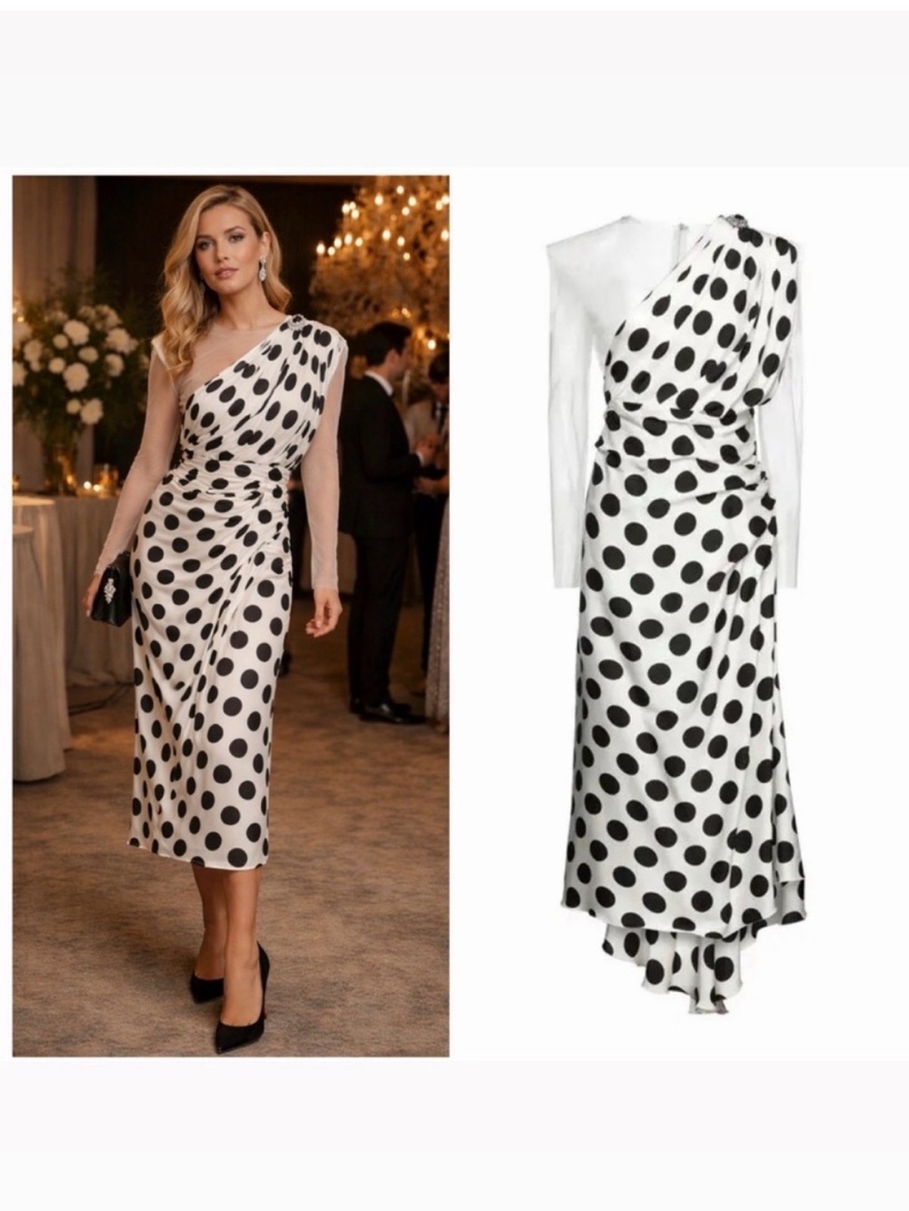 Dolce & Gabbana White Midi Dress Silk Polka Dot One Shoulder 6 Cocktail Party 🟡